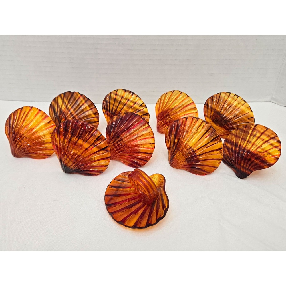 Vintage Amber Tortoiseshell Acrylic Shell Napkin Rings - Set of 10 MCM Scallop